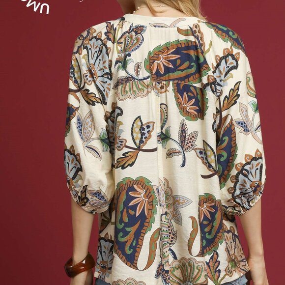 UMGEE Boho Paisley Puff Sleeve Blouse (New) - Cream - Picture 4 of 5